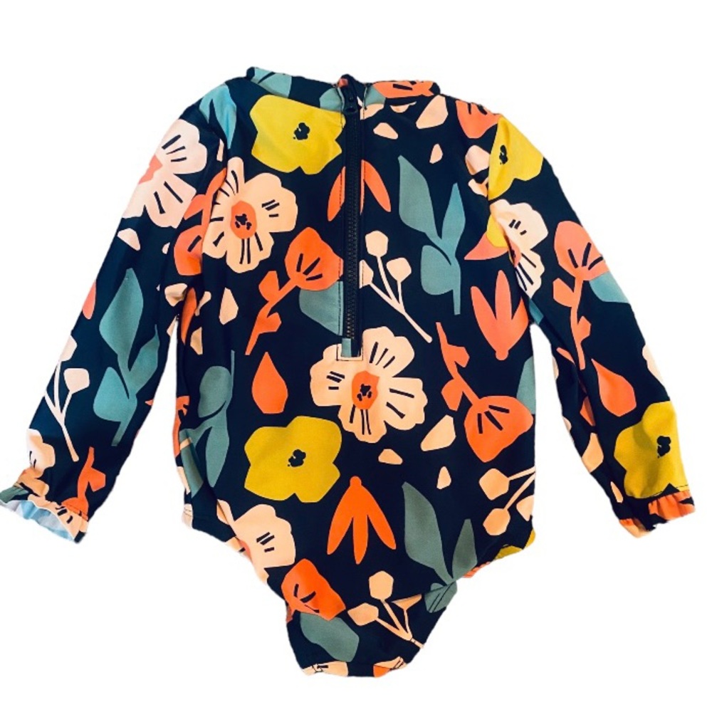 Carters long sleeve navy floral rash guard one piece swimsuit w/ zipper - Sz 12M